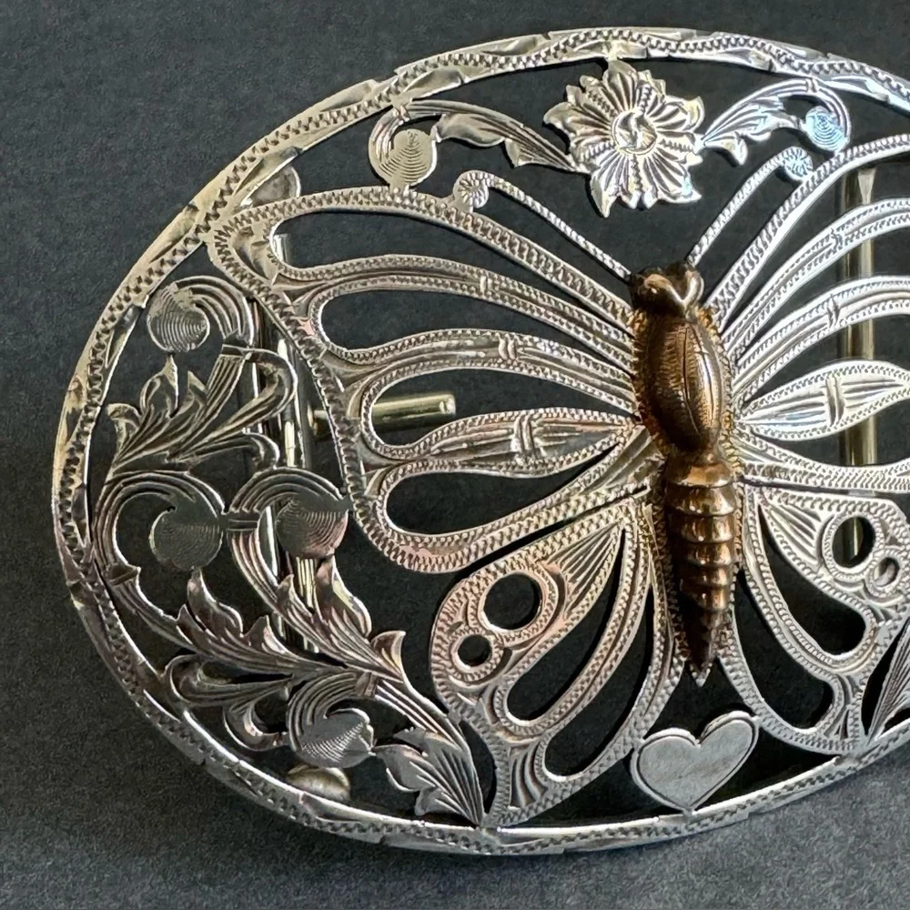 Fleming Butterfly Belt Buckle‎ Sterling Silver Filigree Etched Coastal Cowgirl